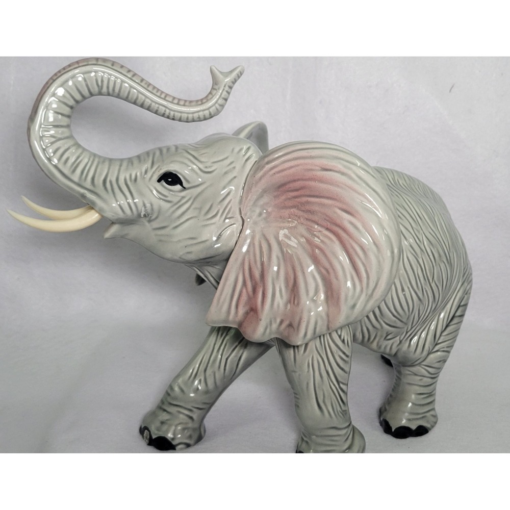 Vtg Glazed Ceramic Elephant Figurine Raised Trunk Good Luck Gray Wildlife Decor